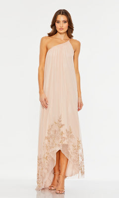 A woman stands against a plain white background wearing the Long Formal Dress: Mac Duggal 9218 in rose, a sophisticated one-shoulder gown featuring a delicate chiffon overlay and gold floral embroidery along the hem. This elegant dress seamlessly combines modern style with timeless elegance.