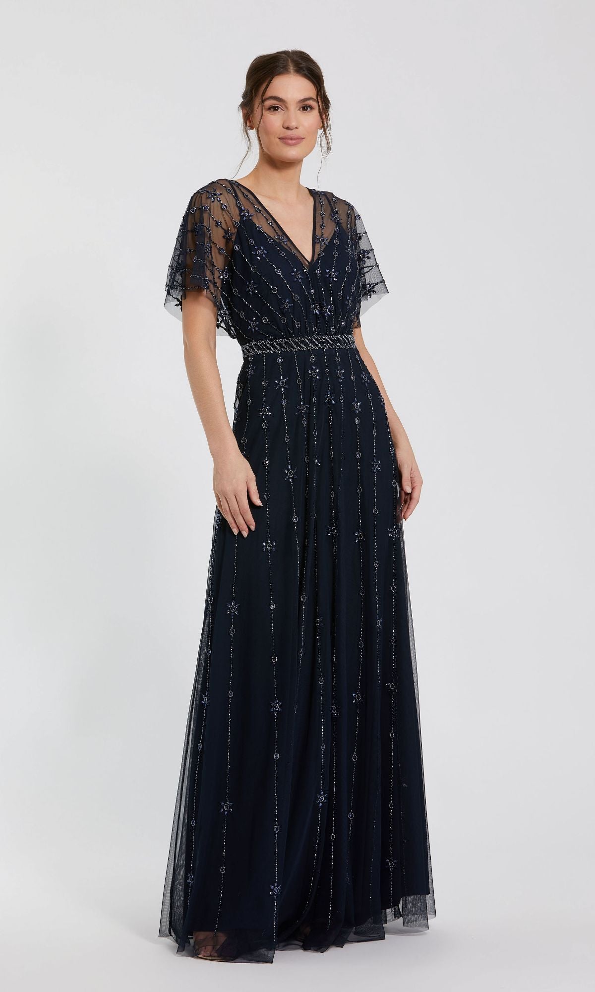 Short Sleeve Long Formal Dress: Mac Duggal 9223 Midnight / 4 Short Sleeve Long Formal Dress: Mac Duggal 9223 Midnight / 4