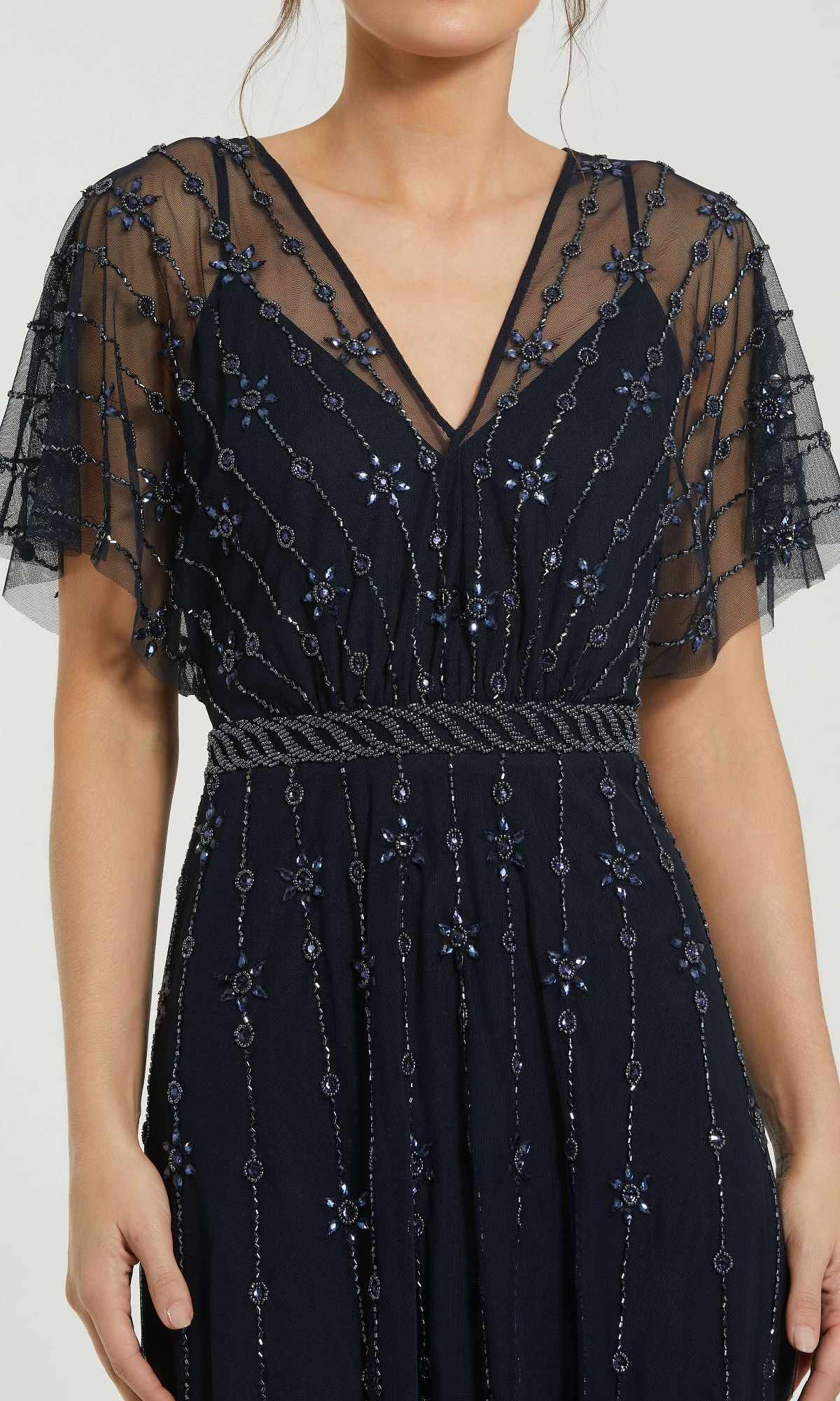 Mac Duggal - Navy V Neck Embellished Flutter Sleeve A Line Gown