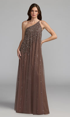 A woman models the Mac Duggal 9224, a one-shoulder, floor-length formal dress adorned with sequins, set against a plain gray background—ideal for special occasions.