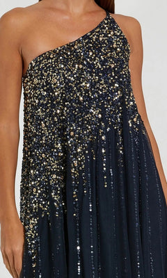 Wearing the Mac Duggal 9224 One-Shoulder Long Formal Dress in navy blue, featuring gold and silver sequins on the bodice and upper skirt, creates a stunning formal look.