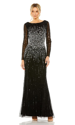 A woman models the Mac Duggal 9226—a long sleeve, floor-length black sequin formal gown—while standing against a white background.