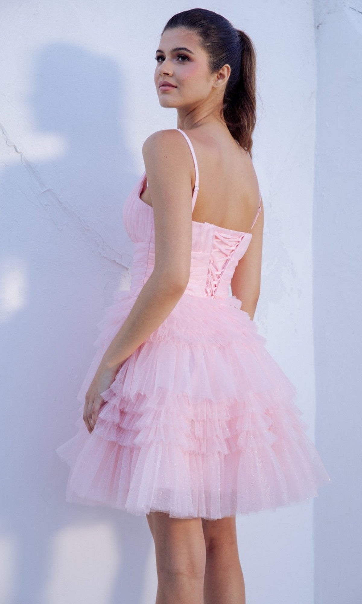 Short Fit-and-Flare Glitter Prom Dress with Ruffles Periwinkle / Small