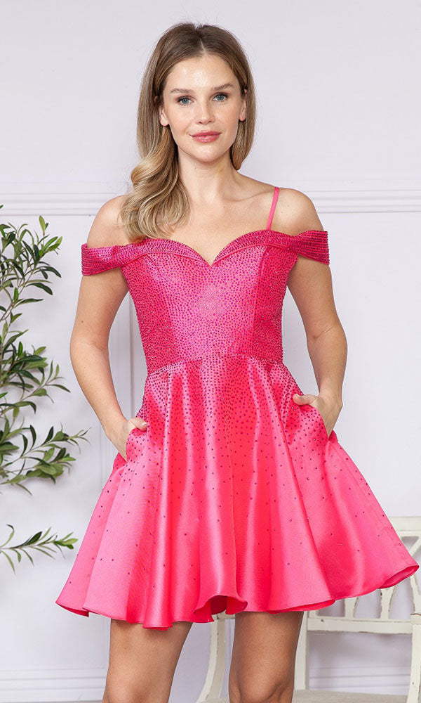Off-the-Shoulder Beaded Short Party Dress with Pockets Hot Pink / XLarge Off-the-Shoulder Beaded Short Party Dress with Pockets Hot Pink / XLarge