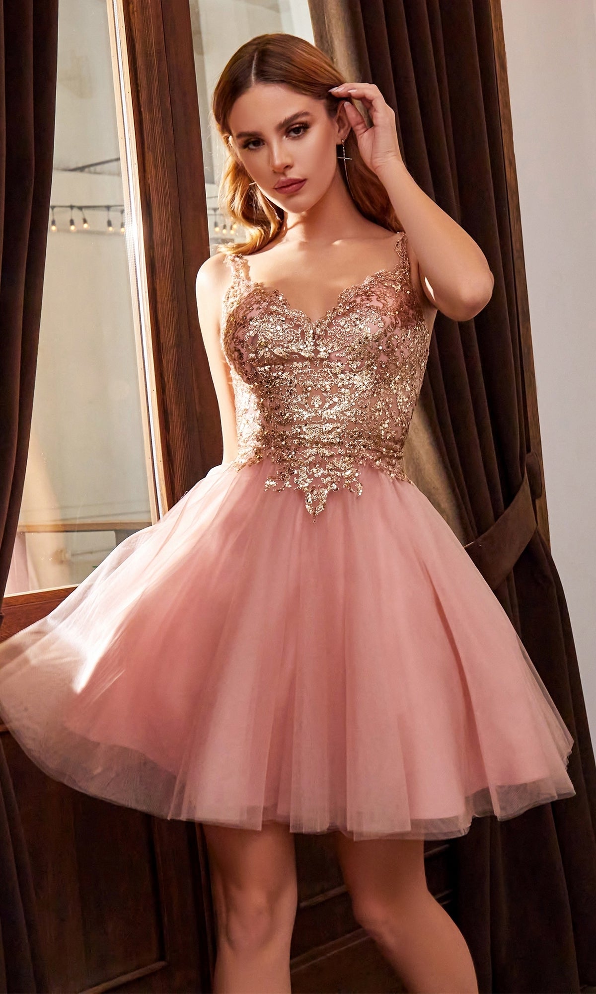 Metallic-Lace Bodice Short Homecoming Dress PromGirl