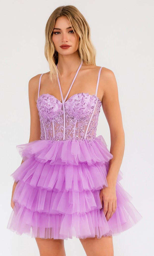 A woman models the Sheer-Corset Short Ruffled Hoco Dress JT923S, a lilac strapless mini dress with an embroidered corset bodice and layered tulle A-line skirt, posing against a plain background.