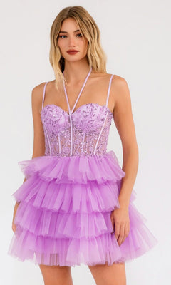 A woman models the Sheer-Corset Short Ruffled Hoco Dress JT923S, a lilac strapless mini dress with an embroidered corset bodice and layered tulle A-line skirt, posing against a plain background.