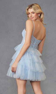 A woman in the Sheer-Corset Short Ruffled Hoco Dress JT923S stands facing backward, looking over her shoulder against a plain grey background.
