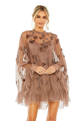 Mac Duggal - Brown Embellished Long Sleeve Trapeze Dress with Ruffle Hem