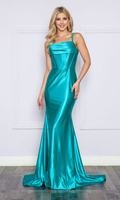 A woman stands indoors against a light purple wall, wearing the Corset-Bodice Long Formal Prom Dress 9258—a fitted, floor-length teal satin gown with thin straps and a structured bodice.
