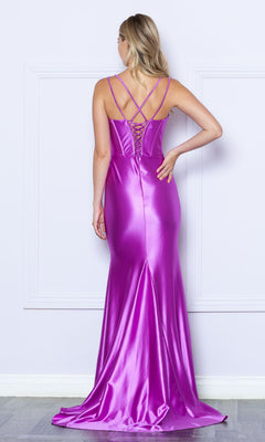A woman faces a wall wearing the Corset-Bodice Long Formal Prom Dress 9258—a shiny magenta, floor-length gown featuring crisscross straps and a lace-up back.
