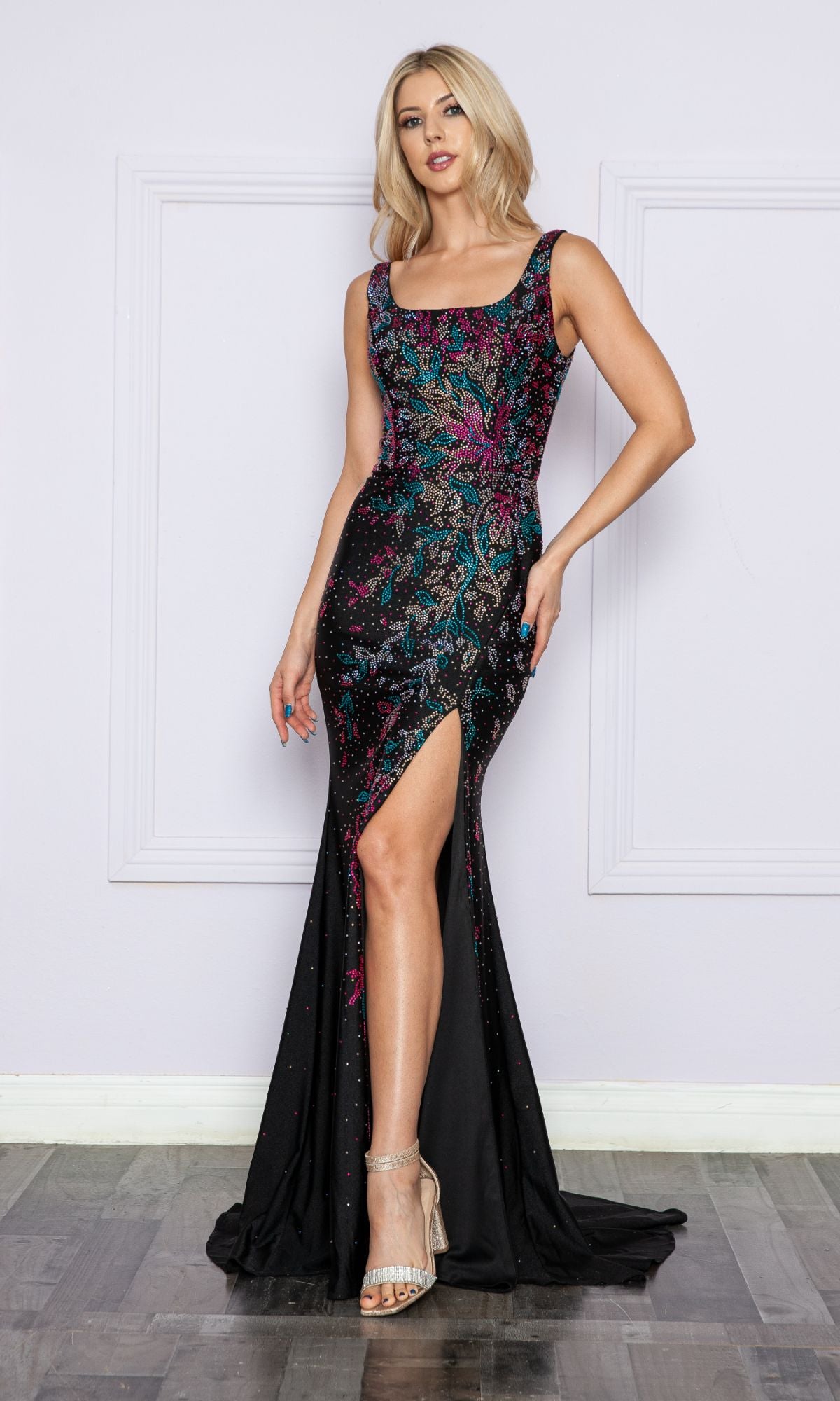 Multi-Color Beaded Long Black Formal Dress 9270