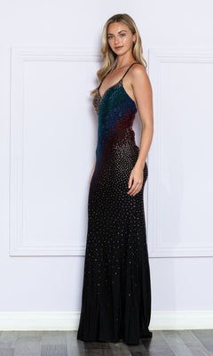 A woman stands indoors wearing the Long Black Prom Dress with Colorful Beads 9272—a fitted, sleeveless evening gown featuring sparkling embellishments and gradient blue-to-red detailing on the bodice.