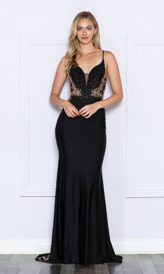 A woman in the Contrasting Beads Long Black Prom Dress 9274, featuring thin straps and sparkling sequin details, stands against a white wall, radiating timeless elegance.