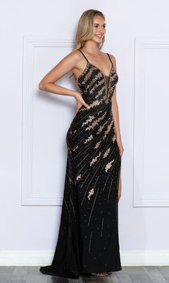 A woman stands against a white wall wearing the Long Black Prom Dress with Bright Beads 9276, featuring a sleeveless design, deep V neckline, thin straps, and intricate sequin detailing.
