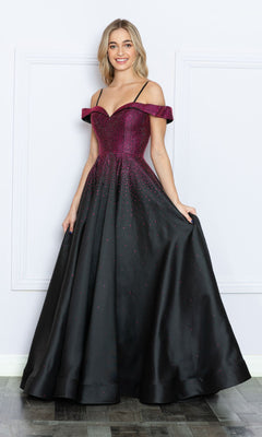A woman stands in a formal setting, wearing the Cold-Shoulder Beaded Long Prom Ball Gown 9278 featuring an off-the-shoulder sparkling magenta bodice and a full black skirt with magenta accents.