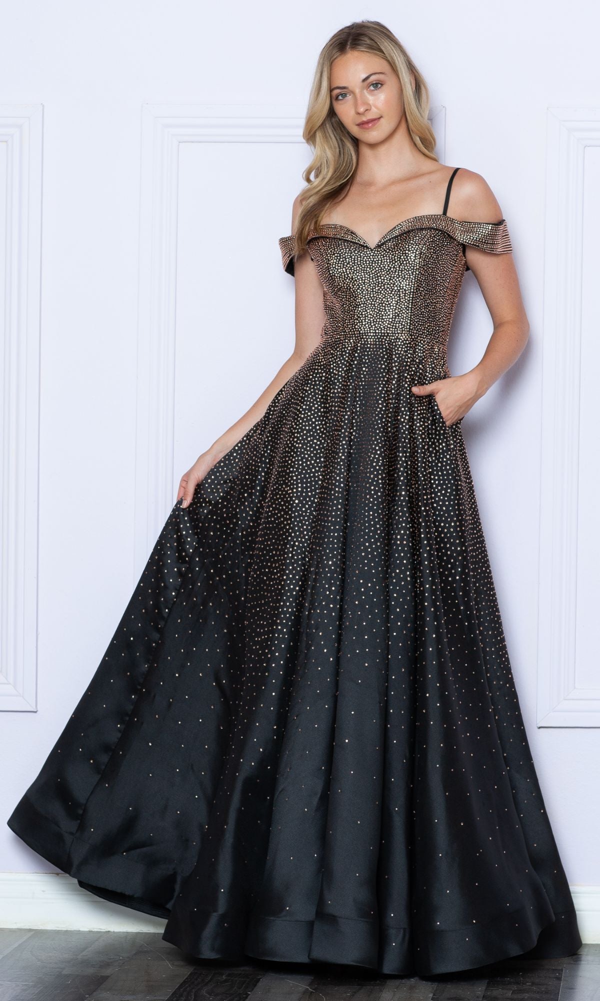 Cold-Shoulder Beaded Long Prom Ball Gown 9278