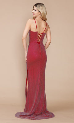 A woman faces away in the Shimmer-Net Long Lace-Up Prom Dress 9282, a floor-length red gown with thin straps, crisscross corset-back, side slit, and subtle dotted shimmer-net pattern.