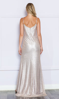 A woman faces away, wearing the Sequin-Net Long Prom Dress with Side Slit 9288—a sleeveless, floor-length gown with thin straps and a shimmering geometric pattern.