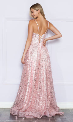 Woman wearing the Long Sequin A-Line Prom Dress with Pockets 9290, featuring a floor-length pink sequin design, thin straps, lace-up back, and elegant silhouette.