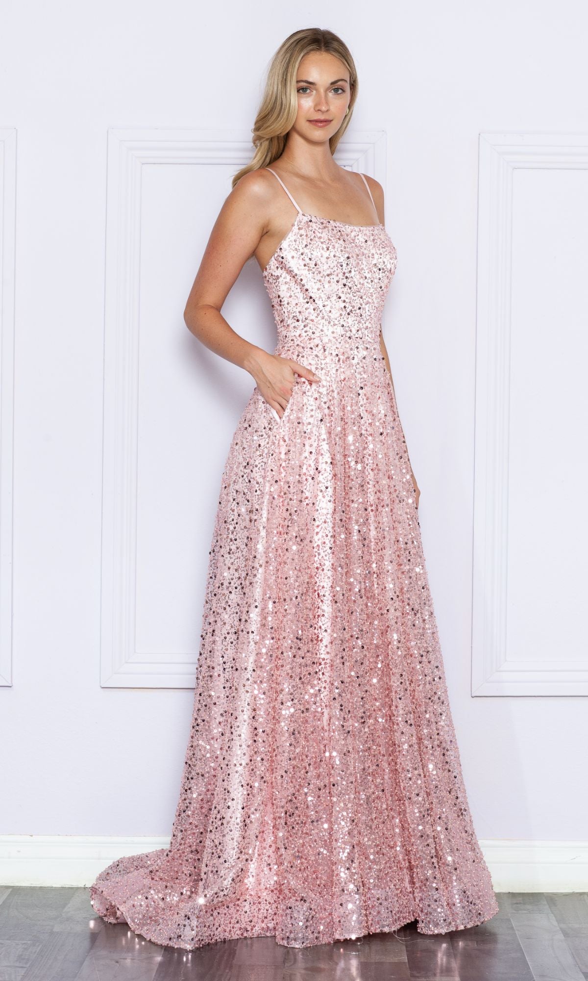 Long Sequin A-Line Prom Dress with Pockets 9290