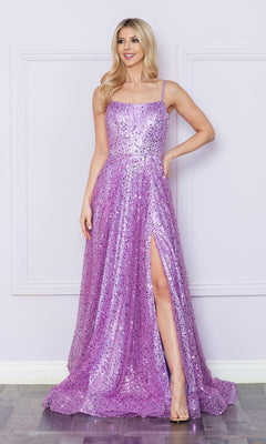 A woman stands against a light purple wall wearing the Long Sequin A-Line Prom Dress with Pockets 9290—a floor-length, sleeveless lavender gown featuring spaghetti straps, sequins, pockets, and a thigh-high slit.