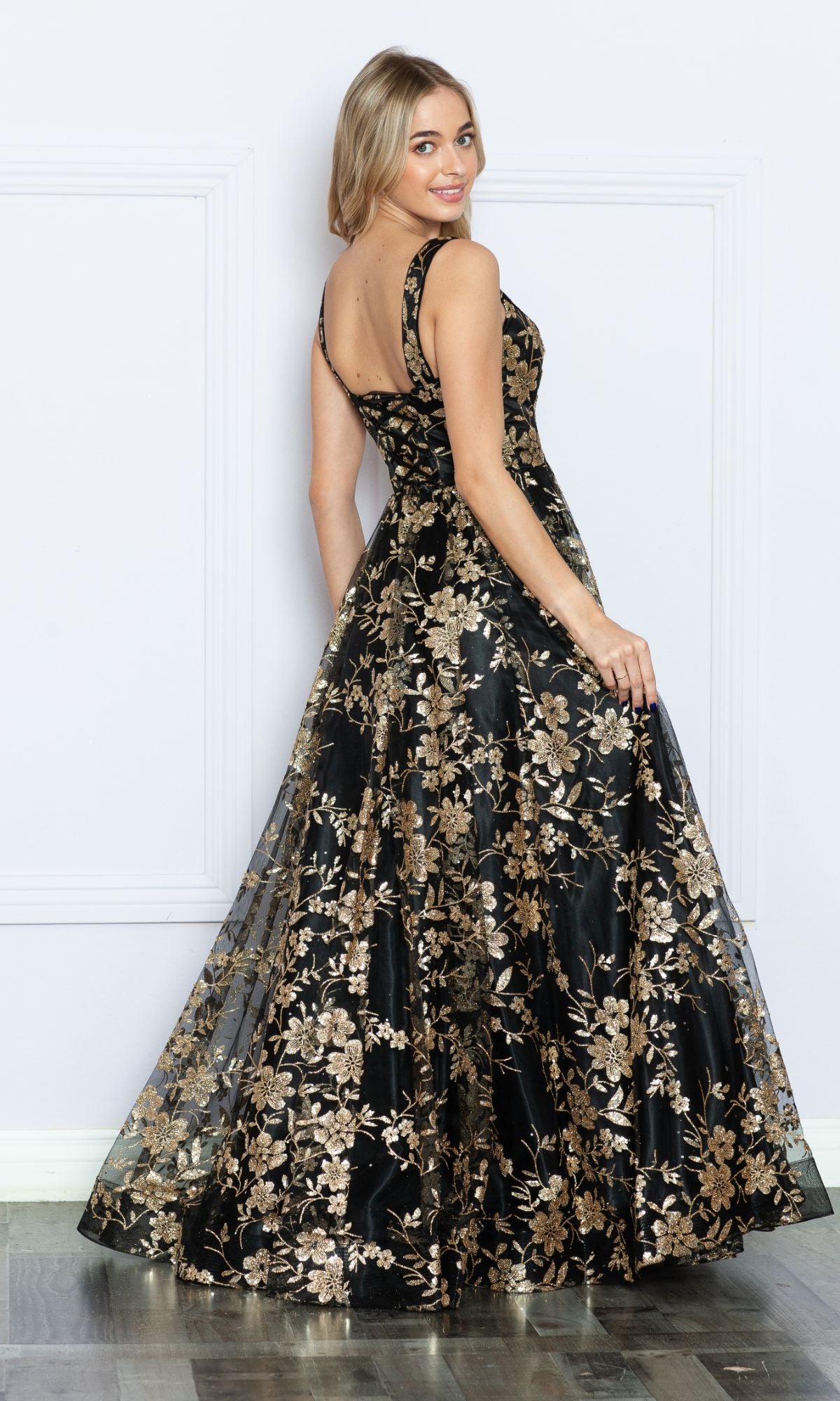 Long Glitter-Floral-Print A-line Prom Dress PromGirl