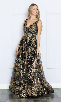 A woman smiles and looks to the side while wearing the Glitter-Floral-Print Long A-Line Prom Dress 9298, featuring sleeveless styling and gold floral embroidery, against a plain white wall.