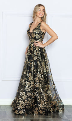 Woman in the Glitter-Floral-Print Long A-Line Prom Dress 9298, featuring a sleeveless V-neck and gold floral embroidery, stands sideways and smiles against a white background.