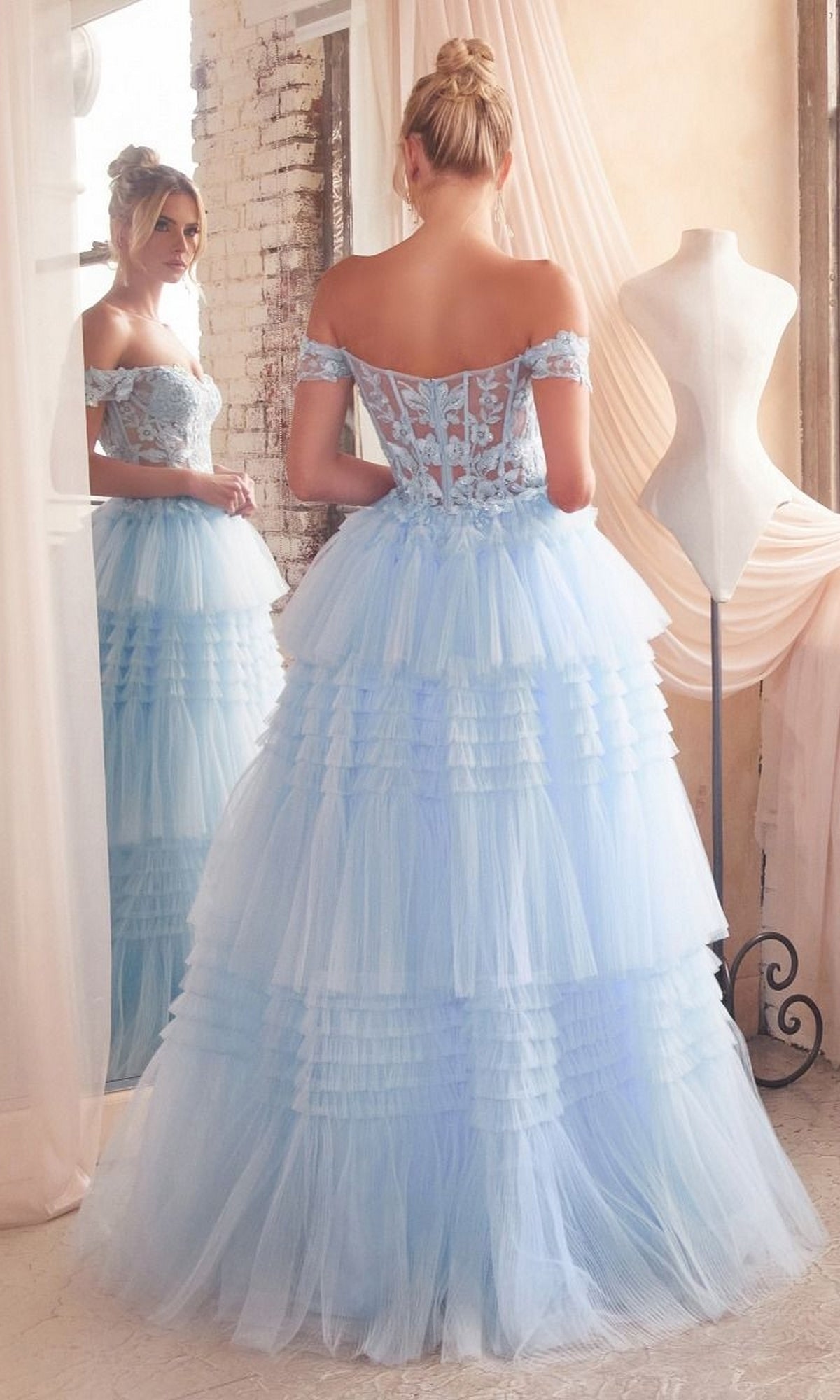 Lace-Bodice Long Ruffled Prom Ball Gown 9315