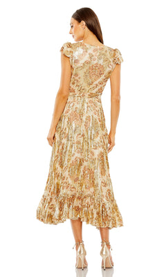 Woman poses in the Mac Duggal 9319 Midi Print Wedding Guest Dress, a gold and beige tea-length style with metallic floral details and short sleeves—an elegant pick for semi-formal occasions.