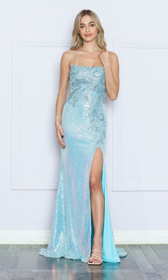 A woman poses by a white wall wearing the Sequin-Embroidered Backless Long Prom Dress 9344 in light blue. The dress is sleeveless with a thigh-high slit, sequin details, and she's paired it with silver strappy heels.
