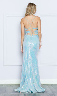 A woman faces away, wearing the Sequin-Embroidered Backless Long Prom Dress 9344 in light blue, featuring an open strappy back and slight train, posing against a plain light-colored wall.