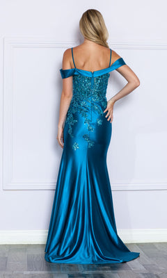 A woman with long blonde hair, seen from behind, wears the Embellished Off-the-Shoulder Long Prom Dress 9350 in teal, featuring floral accents.
