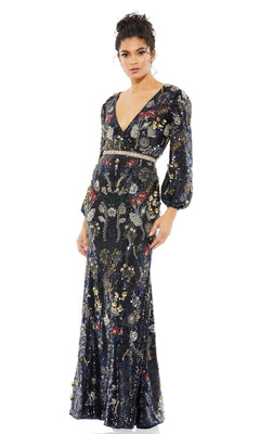 A woman wearing the Long Formal Dress 93546 by Mac Duggal, featuring a deep v-neckline, long sleeves, and colorful embroidered and beaded details, stands against a white background.