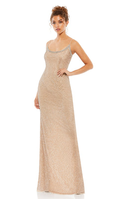 A woman wearing the Sleek Long Beaded Prom Dress, Mac Duggal 93551, with thin straps and a fitted silhouette, stands against a white background.