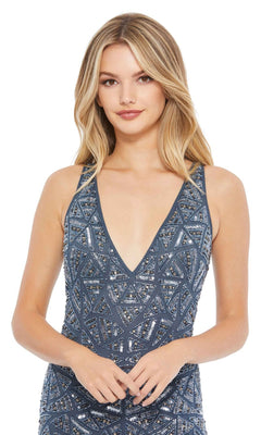 Woman with long blonde hair wears the Mac Duggal Long Formal Dress 93552, a sleeveless V-neck gown adorned with geometric sequin patterns, standing against a white background.