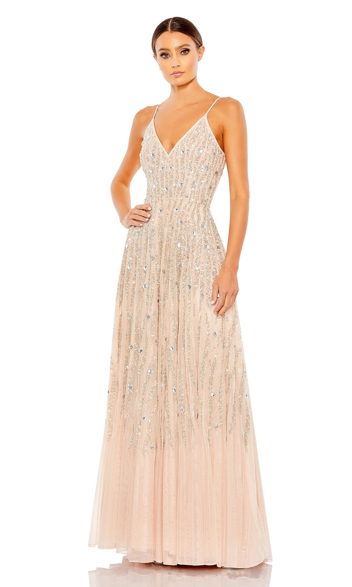 Long Peach Evening Gown with Rhinestones 93566