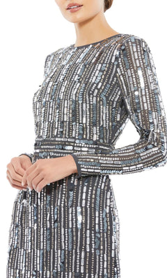 Silver Midi Wedding-Guest Dress with Long Sleeves PromGirl Silver Midi Wedding-Guest Dress with Long Sleeves PromGirl
