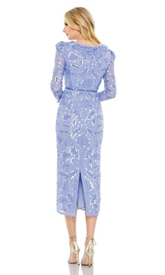 A woman faces away, wearing the Mac Duggal 93595 Sequin Midi Wedding Guest Dress in light blue with long sleeves and floral embroidery, paired with beige heels—ideal for attending weddings.