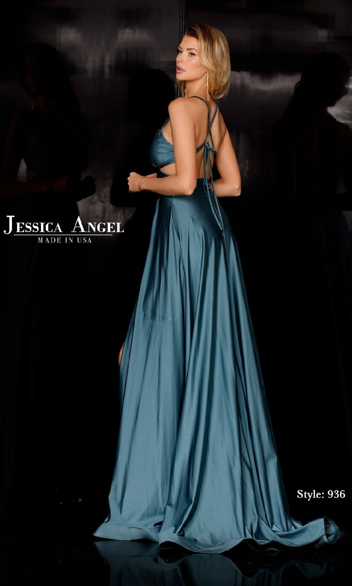 Woman models a teal, floor-length Double-Slit Long Prom Dress: Jessica Angel 936 with spaghetti straps against a dark background. Text reads 