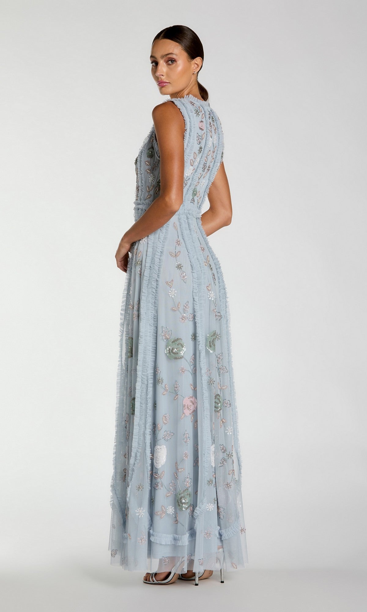 Blue Floral Mesh Sleeveless A Line Micro Ruffle Gown