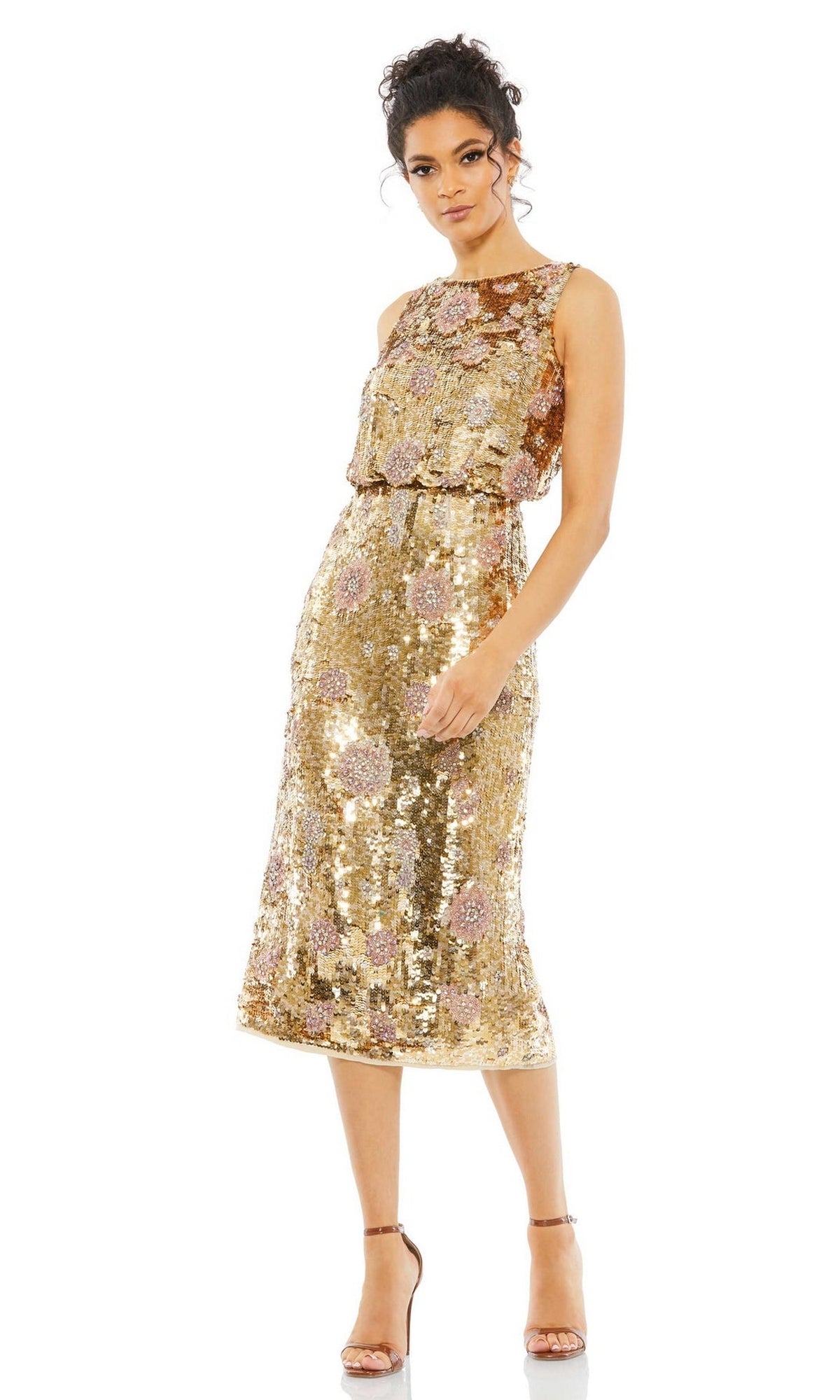 Knee-Length Gold Wedding Guest Dress with Sequins – PromGirl