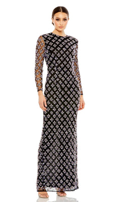 A woman wears the Long Formal Dress 93618 by Mac Duggal, featuring an embellished black fabric with a geometric floral pattern and long sleeves, standing against a plain white background.
