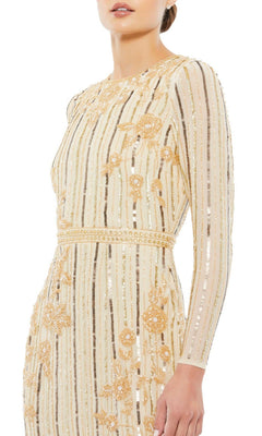 Woman wearing the Midi Sequin Wedding Guest Dress: Mac Duggal 93627, featuring gold sequin stripes and floral embellishments, with long sleeves; photographed from the waist up.