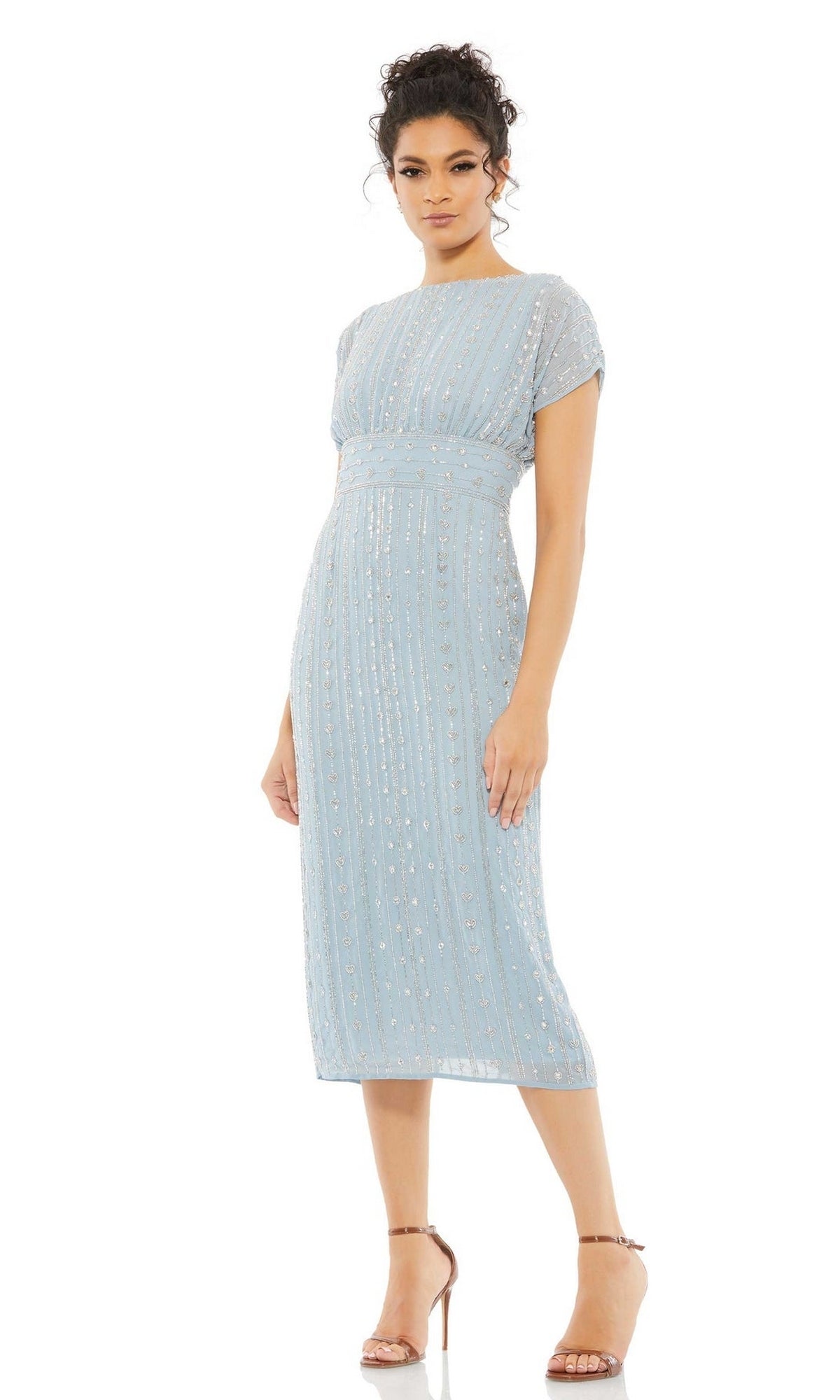 lille beaded midi dress Short Wedding-Guest Dress: Mac Duggal 93649 Slate Blue / 0 Mokshini beaded