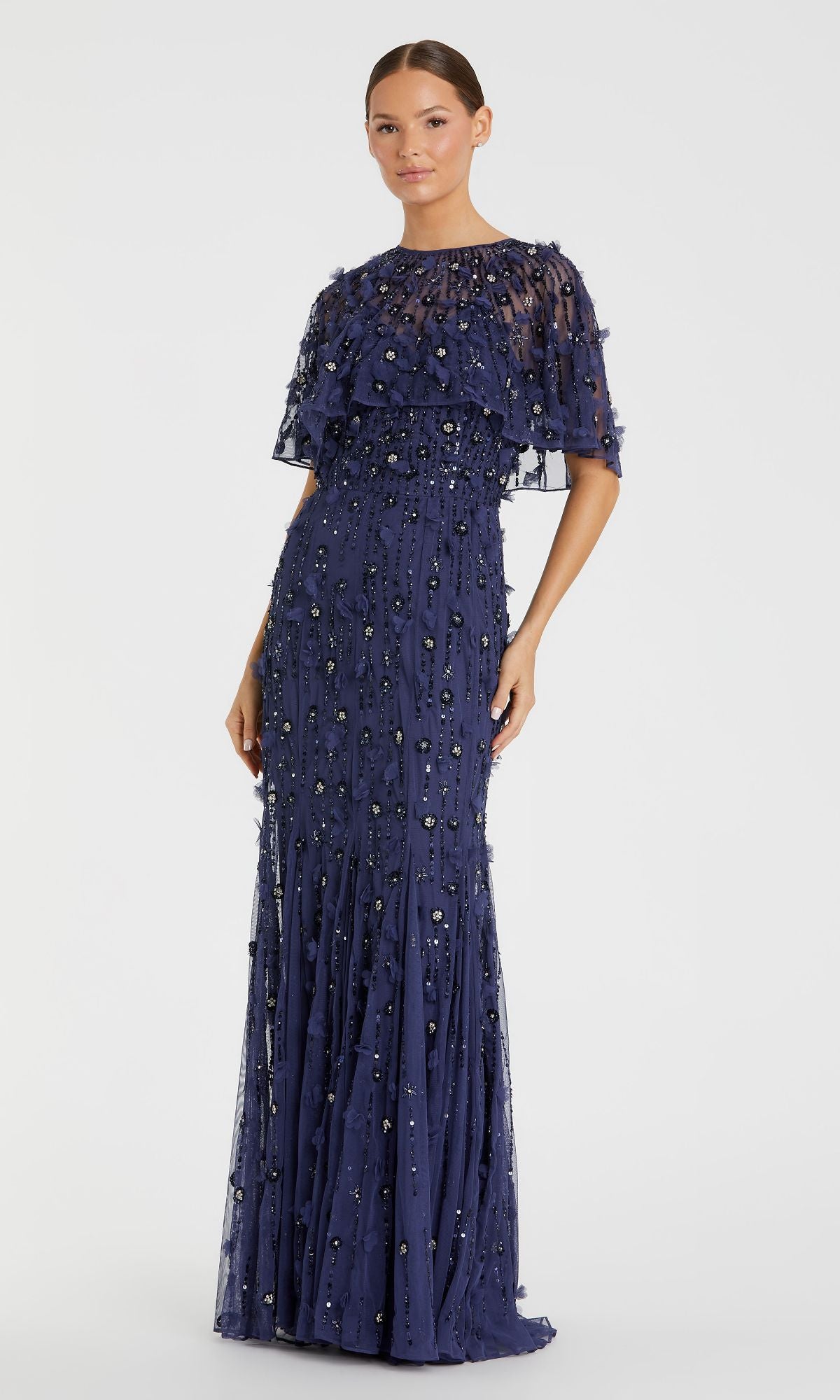 Beaded-Cape Long Formal Dress: Mac Duggal 93653 Midnight / 4 Beaded-Cape Long Formal Dress: Mac Duggal 93653 Midnight / 4