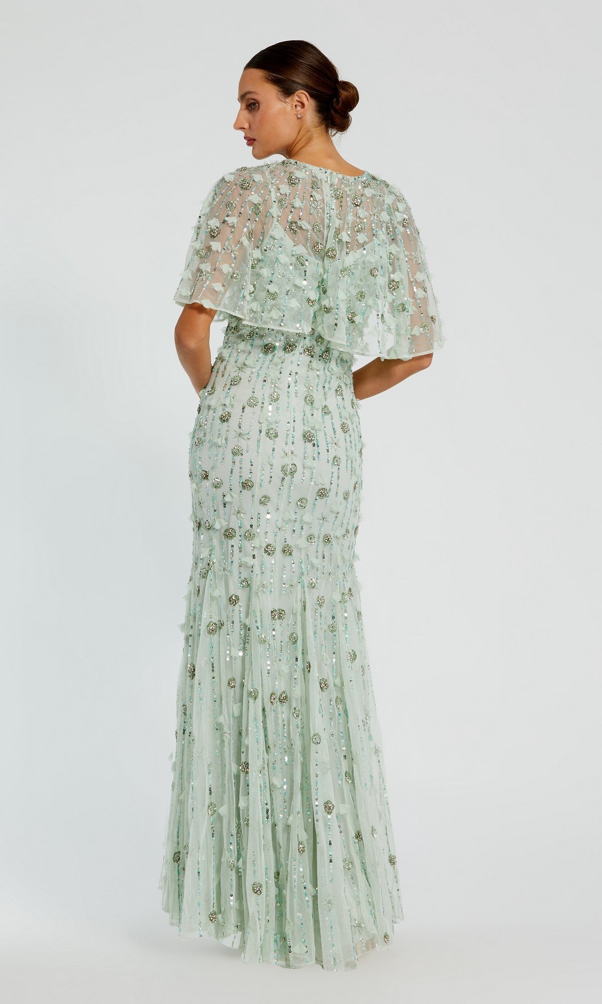 Navy Embellished Illusion Cape Sleeve Trumpet Gown