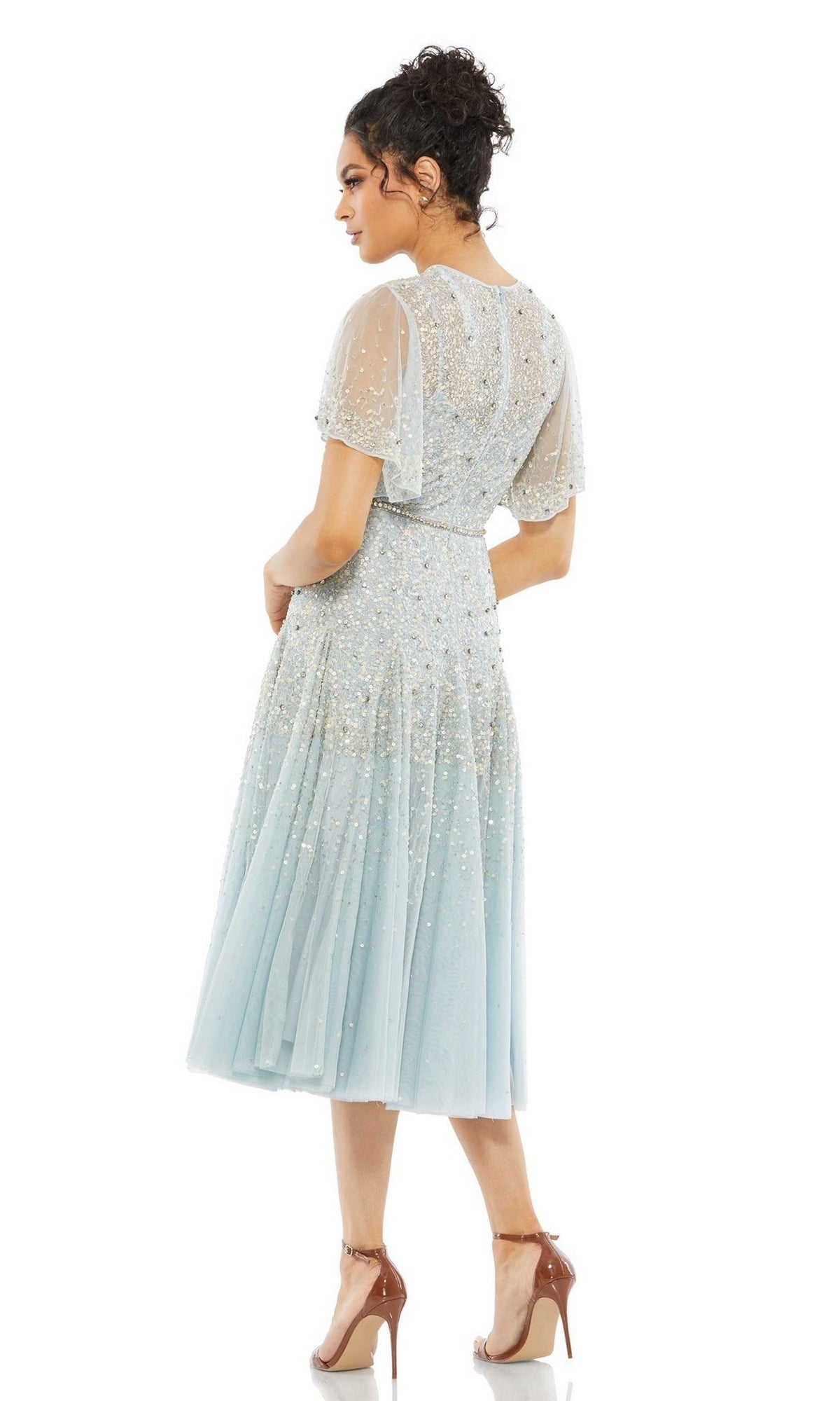 Sequin Knee-Length Wedding Guest Dress with Short Sleeves– PromGirl