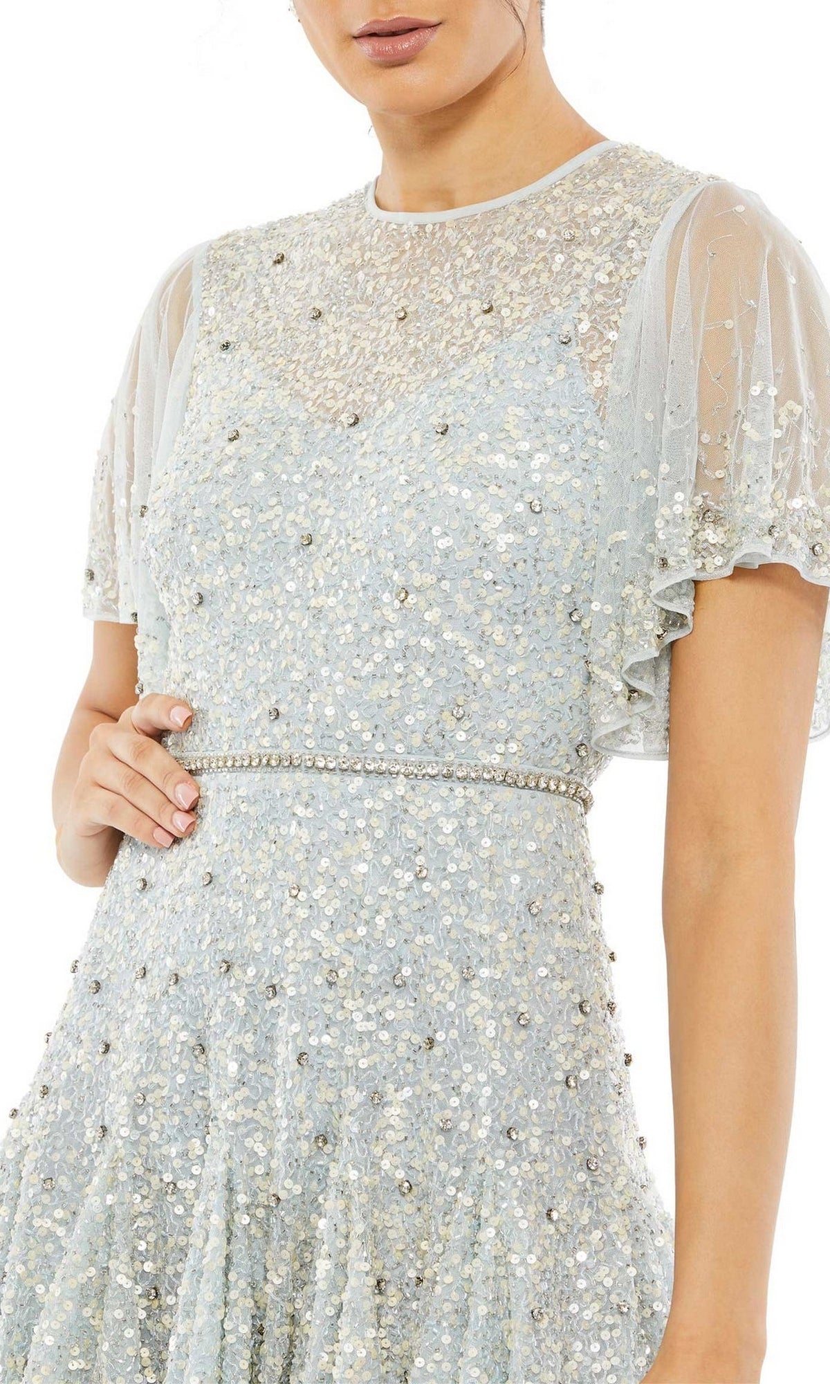 Sequin Knee-Length Wedding Guest Dress with Short Sleeves PromGirl Sequin Knee-Length Wedding Guest Dress with Short Sleeves PromGirl
